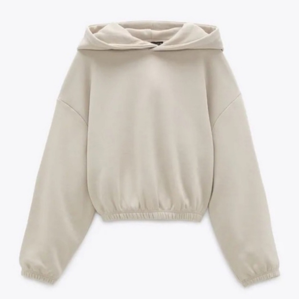 Zara Cropped Beige Tan Hoodie Sweatshirt For Women Size S